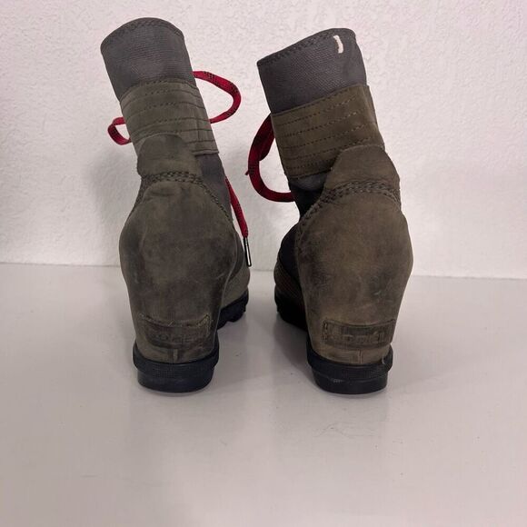 Sorel Grey Canvas with Green Leather with Neon Pink Lace Up Wedge Booties - Picture 5 of 9